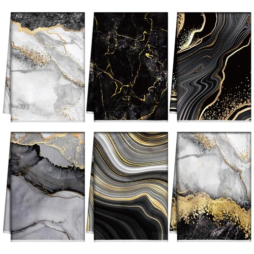 Boyiee 6Pcs Black Marble Kitchen Towels for Farmhouse Decor | Gold Black Absorbent Microfiber Tea Towels with Modern Marble Designs for Bathroom & Housewarming - color: Marble