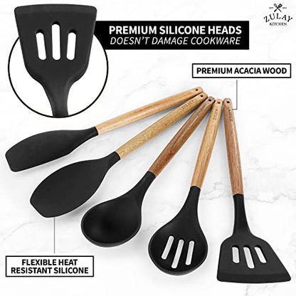 Zulay Kitchen 5 Piece Silicone Utensil Set | Non-Stick Silicone Cooking Utensils Set with Acacia Wood Handles - 464°F Heat Resistance Kitchen Utensils Set - Black - color: Black, size: 5-Piece Set