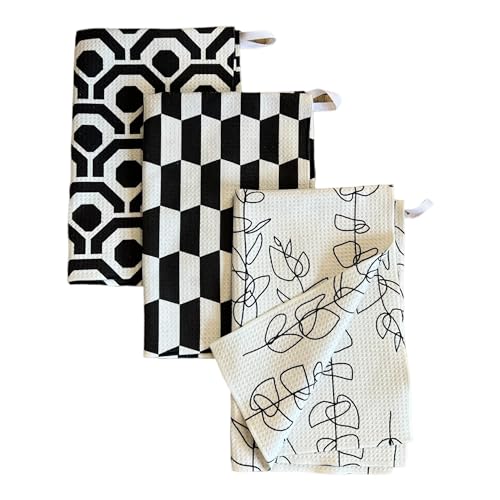 Kitchen Towels, Dish Towels for Kitchen, 3 Pc Kitchen Towel Set | Microfiber Waffle Towels, 16 x 26 inches, with Hanging Loops, Reusable Tea Towels, Cute Kitchen Towels - 3 Pack - color: Black