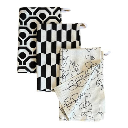 Kitchen Towels, Dish Towels for Kitchen, 3 Pc Kitchen Towel Set | Microfiber Waffle Towels, 16 x 26 inches, with Hanging Loops, Reusable Tea Towels, Cute Kitchen Towels - 3 Pack - color: Black