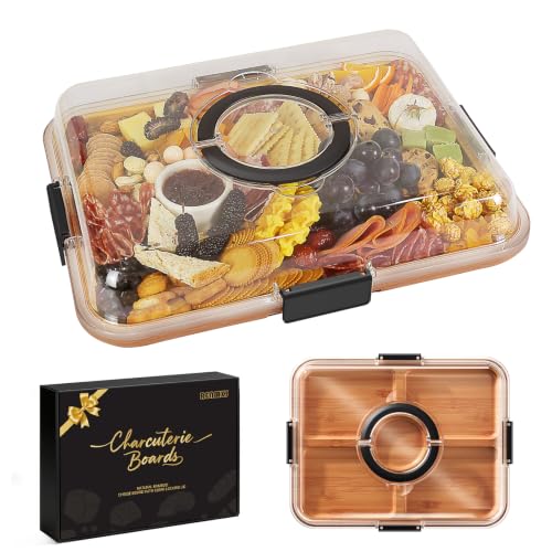 Portable Charcuterie Boards with Lid, Cheese, Veggie & Snack Tray | Clear Lid Keeps Food Fresh, Travel Portable Board for Kitchen, Picnic and Party, House Warming Gifts New Home - color: 5 Compartments Black