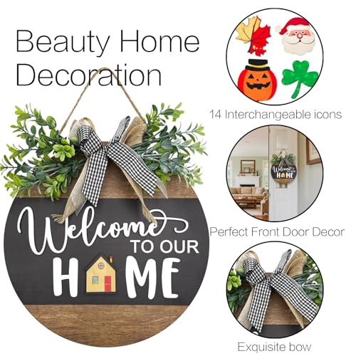 Interchangeable Seasonal Round Wood WELCOME TO OUR HOME Sign for Front Door,Rustic Hanging Wood Wreaths Sign,Farmhouse Porch Fence Welcome Wreaths Decorations.(12inch)