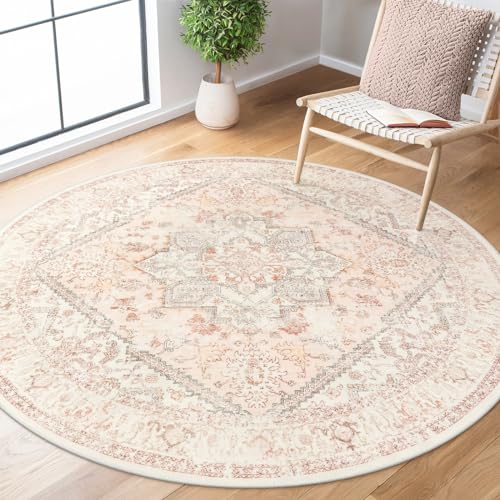 LIVEBOX Washable Peachy Pink Rug 5ft - Medallion Vintage Circle Rugs for Bedroom, Low-Pile Tribal Print Carpet for Nursery, Non-Slid Distress Floral Circular Rug for Living Room Kid's Room Entryway - color: Medallion Pink, size: 5' (Round)