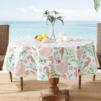 Newbridge Vinyl Round Tablecloth with Flannel Backing, 70 Inch, Neponsit Sea Life, Waterproof, Soil Resistant Dining Room, Party and Banquet Table Cover, Starfish, Seahorses and Coral, Blue - size: 70" (Round)