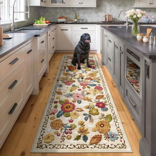 Washable 2x6 Runner Rug, Beige Boho Floral Non-Slip for Hallway, Kitchen | Soft Low-Pile Faux Wool Area Rug for Bedroom, Nursery, Bathroom, Laundry, Kid & Pet Friendly, Stain, Fade & Wear Resistant - color: Beige, Cream, Mustard, Brick Red and Blue, size: