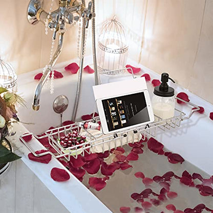 HOMEE Stainless Steel Shower Caddy Tray with Removable Book Holder Silver | European Style Extendable Rectangular Bathroom Tray for Shower Bath Phone IPad Book Holder Candleholder Table Shelf