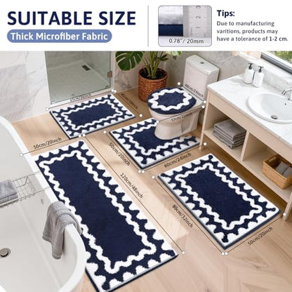 Findosom Bathroom Rugs Sets 5 Piece, Absorbent Soft Non-Slip Bath Rug Set | Washable Microfiber Shaggy Bath Mat Set with Bathroom Runner Rug, U-Shaped Toilet Rugs, Shower Rug & Toilet Lid Cover, Navy - color: Navy & White, size: 18"x26"+20"x32"+20"x48"+U