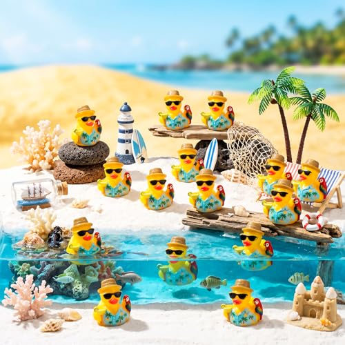 RoundFunny 50pcs Tropical Mini Duck Summer Party Favor Resin Miniature Duck | Small Duck Figurines Bulk for Cruise Ship, Hawaii Duckies Desk Ornament, Luau-themed Duckies for DIY Craft Cake Car Decor - style: Summer