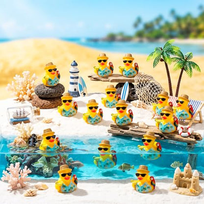 RoundFunny 50pcs Tropical Mini Duck Summer Party Favor Resin Miniature Duck | Small Duck Figurines Bulk for Cruise Ship, Hawaii Duckies Desk Ornament, Luau-themed Duckies for DIY Craft Cake Car Decor - style: Summer