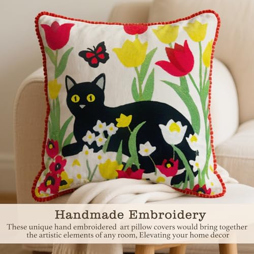 Embroidered Decorative Throw Pillow Covers 18"x 18" Set of 2 ，Couch Square Pillowcases with Zipper for Living Room Couch Sofa Bed Flower Cats Linen Cotton Halloween Throw Pillow Covers