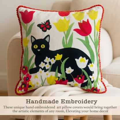 Embroidered Decorative Throw Pillow Covers 18"x 18" Set of 2 ，Couch Square Pillowcases with Zipper for Living Room Couch Sofa Bed Flower Cats Linen Cotton Halloween Throw Pillow Covers