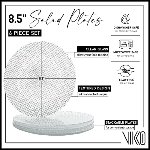 Vikko Salad Plate, Set of 6 Glass Plates, Dessert, Salad, Appetizer Plate, Elegant Textured Glass Design, Stackable 8.5 Inch Plates, Dishwasher Safe - style: Set of 6 8.5" Plates