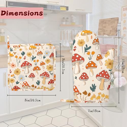 Retro Mushroom Daisy Flowers Silicone Oven Mitts and Pot Holders,Heat-Resistant 4 Piece Kitchen Set Non-Slip Oven Gloves and Hot Pads for Cooking, Baking, Grilling,BBQ - color: Retro Mushroom Daisy Flowers