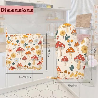 Retro Mushroom Daisy Flowers Silicone Oven Mitts and Pot Holders,Heat-Resistant 4 Piece Kitchen Set Non-Slip Oven Gloves and Hot Pads for Cooking, Baking, Grilling,BBQ - color: Retro Mushroom Daisy Flowers