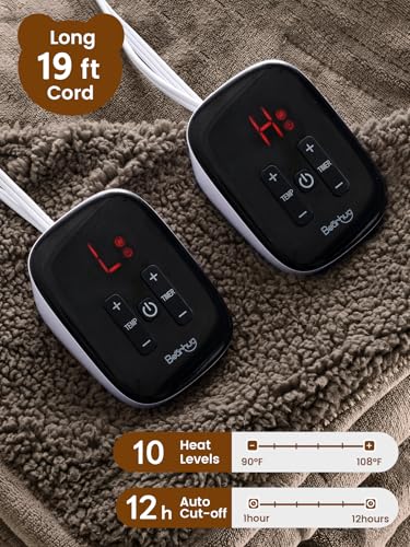 Bearhug Electric Blanket Queen Size with Dual Controls, 10 Heat Levels & 1-12H Auto Shut-Off, Fast Heating Soft Velvet to Sherpa Heated Blanket for Couples, Machine Washable, Taupe - color: Taupe-velvet & Sherpa, size: Queen Size 84" × 90"