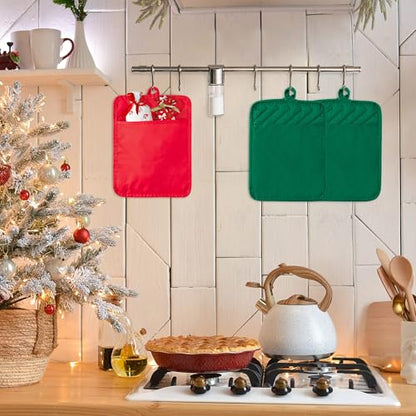 R HORSE 6 Pack Christmas Red Green Pot Holders with Pockets, 7''x 9'' | Cotton Kitchen Hot Pads, Heat Resistant Oven Mitts, Non-Slip Potholder Terry Cloth, Ideal for Baking, Cooking, Christmas Gift - color: Red, Green