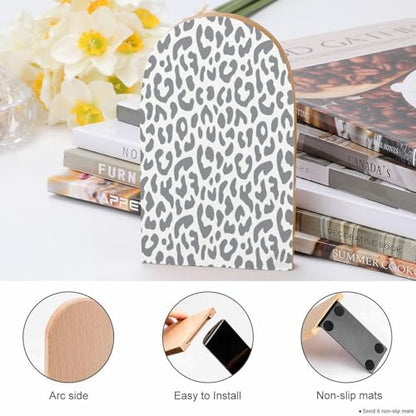 Personalized Wood Book Ends Metal Base Gray Leopard Print Pattern Printing Bookend Modern Heavy Duty Bookends for Home Or Office 1 Pair - color: Gray Leopard Print Pattern