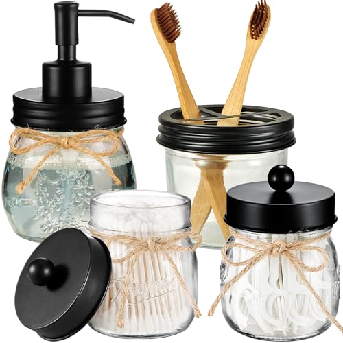 Amolliar Mason Jar Bathroom Accessories Set 4 Pcs -Lotion Soap Dispenser & 2 Qtip Holders & Toothbrush Holder - Rustic Farmhouse Decor, Bathroom Home Decor (Black) - color: Black