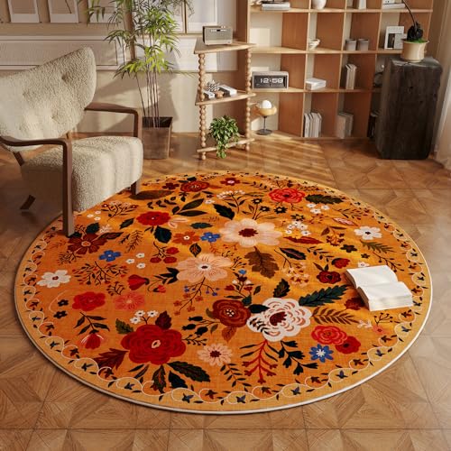 Rugcomf Round Rug 4ft Washable Circle Rug Non Slip Low Pile Boho Floral Small Circular Rug for Bedroom, Bathroom, Entryway, Kids Room, Office, College Dorm(Yellow) - color: Yellow Orange, size: 4' (Round)