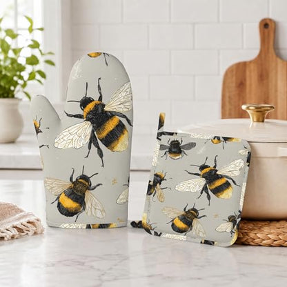 Happy Busy Bees Oven Mitts and Pot Holders Sets Non-Slip Silicone Surface for BBQ Gloves,Kitchen,Cooking,Baking,Grilling - color: Happy Busy Bees