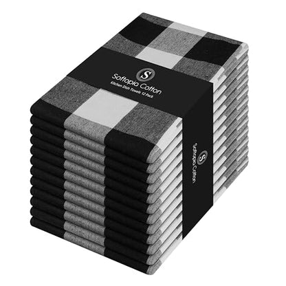 Black Buffalo Check Plaid Kitchen Towels, 12 Pack, 100% Cotton, 16x26 Inches, Super Absorbent, Quick Dry, Soft, Dish Drying & Cleaning Towels with Hanging Loop, Black and White - color: Black, White - Buffalo, size: 16 X 26 - 12 Pack
