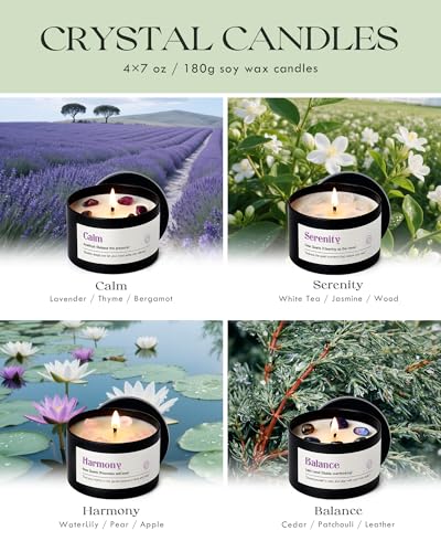 AOOVOO Crystal Soothing Candles Set for Women - Soy Candle for Home Scented | 4 Pack 26 oz, 200 Hour Long Lasting Candle, Calm Amethyst/Serenity Clear Quartz/Harmony Rose Quartz/Balance Lapis Lazuli - color: Soothing Candles Set