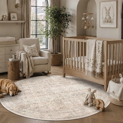Schweek 6ft Round Area Rug Washable Neutral Non-Slip Living Room Rug Beige | Soft Low-Pile Circle Rugs, Vintage Distressed Floral Round Carpets for Kitchen, Dining, Office, Playroom, Bedroom, Classroom - color: Beige, size: 6' (Round)