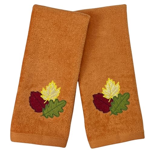 Decorative Fall Leaf Fingertip Towels: Embroidered Gold Burgundy Green Leaves Design on Plush Orange, 2 Piece Set, 12" x 18" Inch Each (Fall Leaf) - color: Green Yellow Red Orange