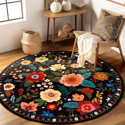 RELEANY Floral Washable Round 6ft Area Rug Black | Flower Carpet, Print, Boho, Non-Slip, Easy to Clean, Soft, Low Pile for Living Room Bedroom Kitchen Office Entryway Hallway - color: Black, size: 6' (Round)