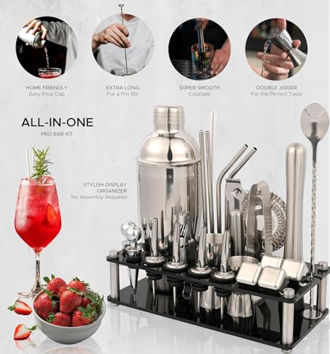 Bartender Kit, 26-Piece Cocktail Shaker Set Stainless Steel Drink Shaker Bar Set with Acrylic Stand & Cocktail Recipes Booklet, Perfect Cocktail Set for Drink Mixing, Home, Bar and Parties