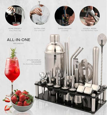 Bartender Kit, 26-Piece Cocktail Shaker Set Stainless Steel Drink Shaker Bar Set with Acrylic Stand & Cocktail Recipes Booklet, Perfect Cocktail Set for Drink Mixing, Home, Bar and Parties