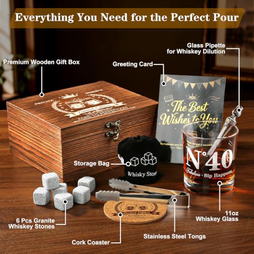 40th Birthday Gifts for Men, Vintage Whiskey Glass Set with Granite Stones | 40th Birthday Party Supplies Gifts for Him, Dad, Husband, "N°40 Fabulous Sip Happens" Scotch Glass, Pipette, Tongs&Wooden Box - style: 40th Mens Gifts