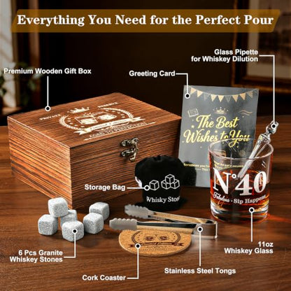 40th Birthday Gifts for Men, Vintage Whiskey Glass Set with Granite Stones | 40th Birthday Party Supplies Gifts for Him, Dad, Husband, "N°40 Fabulous Sip Happens" Scotch Glass, Pipette, Tongs&Wooden Box - style: 40th Mens Gifts