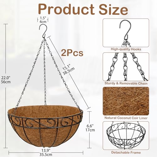 2 Pack 14 inch Metal Hanging Baskets for Plants, Round Metal Wire Hanging Basket Planter with Coco Fiber Liners Chain for Garden Home Porch Patio, Flower Border - size: 14" x 2 Pack, style: Flower Border