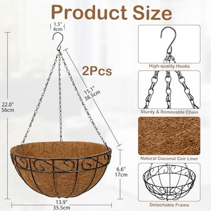 2 Pack 14 inch Metal Hanging Baskets for Plants, Round Metal Wire Hanging Basket Planter with Coco Fiber Liners Chain for Garden Home Porch Patio, Flower Border - size: 14" x 2 Pack, style: Flower Border