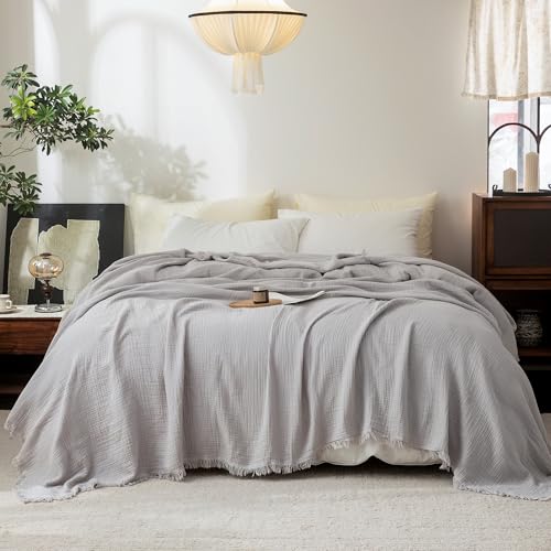 FOSSA Muslin Blanket 4-Layer 100% Cotton Gauze Blanket with Fringe 104"x90" | Super Soft Breathable Lightweight All Season & Decforative Blanket for Bed, Sofa, Office - color: Grayish, size: King (104" × 90")
