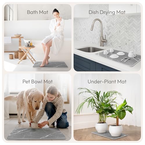Stone Bath Mat Quick-Dry Absorbing Diatomaceous Earth Bath Mat | 2 Stone Mats - Large & Small Mat for Bathroom | Anti-Slip Diatomaceous Bathmat 100% Natural Bathroom Rug Stones (Gray Marble)