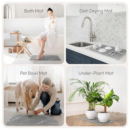 Stone Bath Mat Quick-Dry Absorbing Diatomaceous Earth Bath Mat | 2 Stone Mats - Large & Small Mat for Bathroom | Anti-Slip Diatomaceous Bathmat 100% Natural Bathroom Rug Stones (Gray Marble)