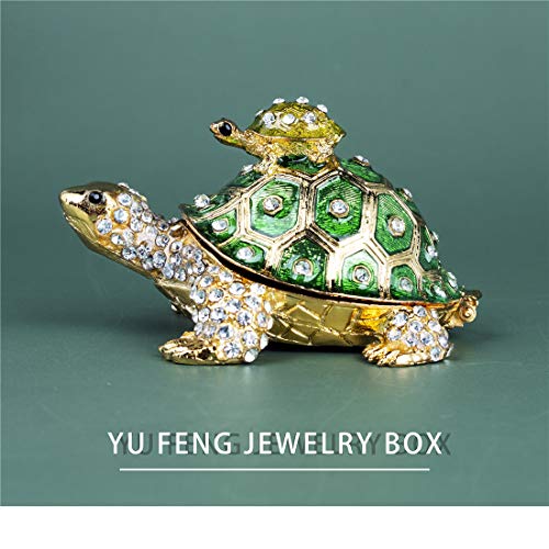 YU FENG 3 Inch Mother Child Turtle Trinket Box, Crystal Hinged Jewelry Box | Enameled Mother & Baby Tortoise Design, Sparkling Crystal Accents, Ring Holder, Collectible Figurine, Gift for Mom - color: Green Turtle