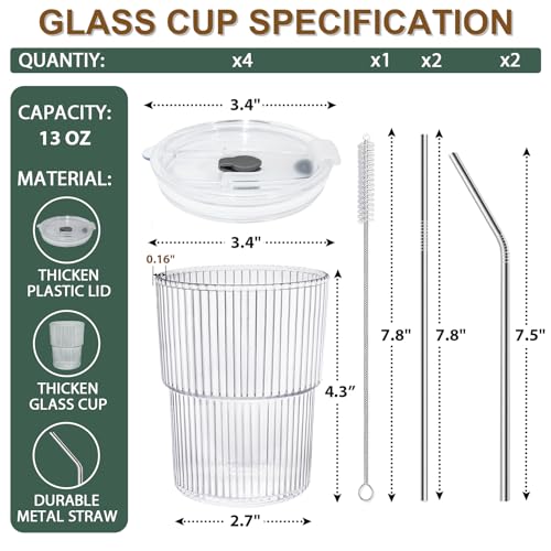 13 OZ Glass Cups with Lids and Straws, Iced Coffee Cups with Lids, Clear Ribbed Glassware for Coffee Smoothie Cocktail Ice Tea, Glass Tumbler with Straw and Lid, Set of 4