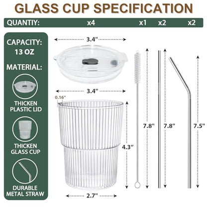13 OZ Glass Cups with Lids and Straws, Iced Coffee Cups with Lids, Clear Ribbed Glassware for Coffee Smoothie Cocktail Ice Tea, Glass Tumbler with Straw and Lid, Set of 4