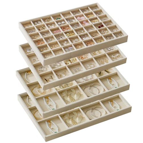 Large Velvet Jewelry Drawer Organizer Trays Set of 4 | Stackable Jewelry Trays Organizer Display Storage Showcase for Earring Necklace Bracelet Ring (Beige, 12+12+24+48 Grids) - color: Beige, size: 12+12+24+48 Grids