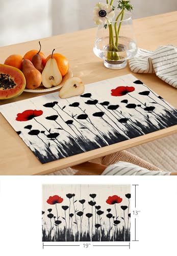 Table Runner and Placemats Set of 6 Abstract Red Floral Decorative Dining Table Runner with Matching Placemats Black Plant Leaf Table Decor for Kitchen Dining Room and Everyday Use 13x70in - size: 13"x70"+6pcs