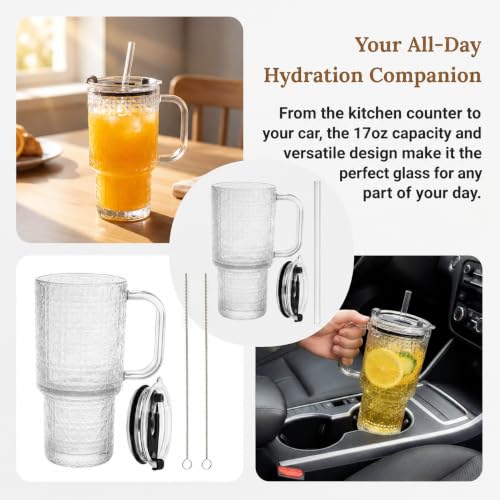 4 Pack Glass Tumblers, 17 Oz Drinking Glass Mugs | Reusable Iced Coffee Cups with Handle, Lid, Straw and Brush, Diamond Pattern Mugs for Cold Hot Beverages Smoothies