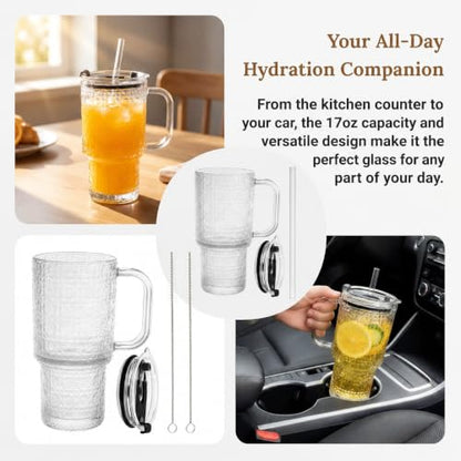 4 Pack Glass Tumblers, 17 Oz Drinking Glass Mugs | Reusable Iced Coffee Cups with Handle, Lid, Straw and Brush, Diamond Pattern Mugs for Cold Hot Beverages Smoothies