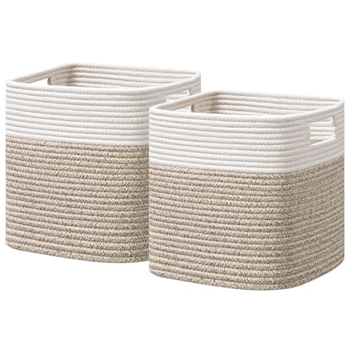 UBBCARE Storage Cubes 11 Inch, Cotton Rope Woven Baskets for Organizing, Cube Storage Bin for Baby Nursery, 2-Pack Square Toy Storage Baskets for Shleves Organizer, Closet, Kidsroom, Brown - color: White/Brown, size: 2Pack-11 X 10.5 X 10.5 Inch