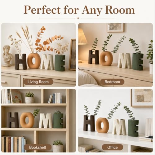 Home Sign Vases Set of 4, Ceramic Letter Flower Vases with Ribbed Texture, Modern Boho Decorative Vases for Living Room Shelf Decor, Entryway Table Centerpiece, Bookshelf, Office, Housewarming Gift