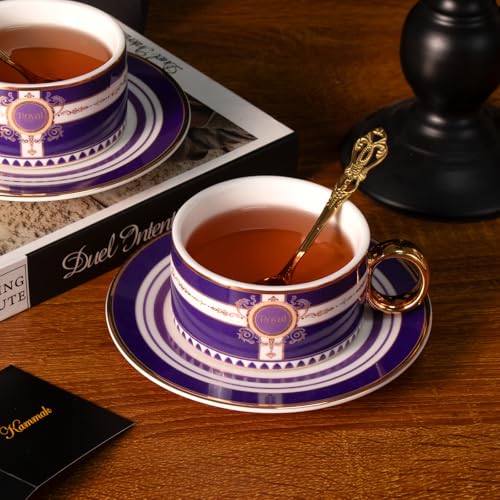 KAMMAK Tea Cups and Saucers Set of 2, Porcelain Coffee Cups, NX026 | Gold Rim, Stackable Espresso Mugs, Ceramic Demitasse for Coffee, Latte, Americano, Afternoon Tea, Elegant Gift for Women - size: 8CZNX026