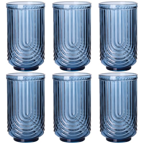 Blue Vintage Drinking Glasses Set of 6-17oz Hand-Blown Highball Ribbed Glassware, Arch Design Cocktail Glasses for Whiskey Water Beverages Ice Coffee Juice Milk - color: Blue, size: 17oz