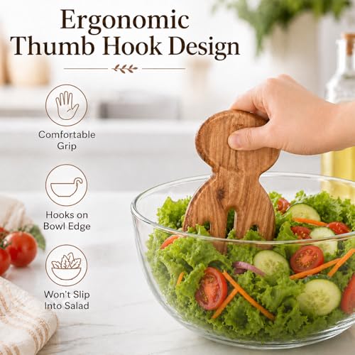 Wooden Salad Tongs 2 Pieces 6.69" x 3" Servers For Tossing Kitchen Utensils | Natural Wood, Lightweight, Gentle On Non-Stick Cookware, Warm And Elegant
